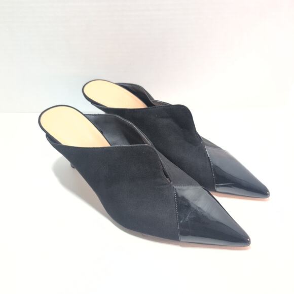 Zara Trafaluc Pointed Toe Kitten Heel Mules Women's Size 10 Patent Black Suede - Picture 1 of 9